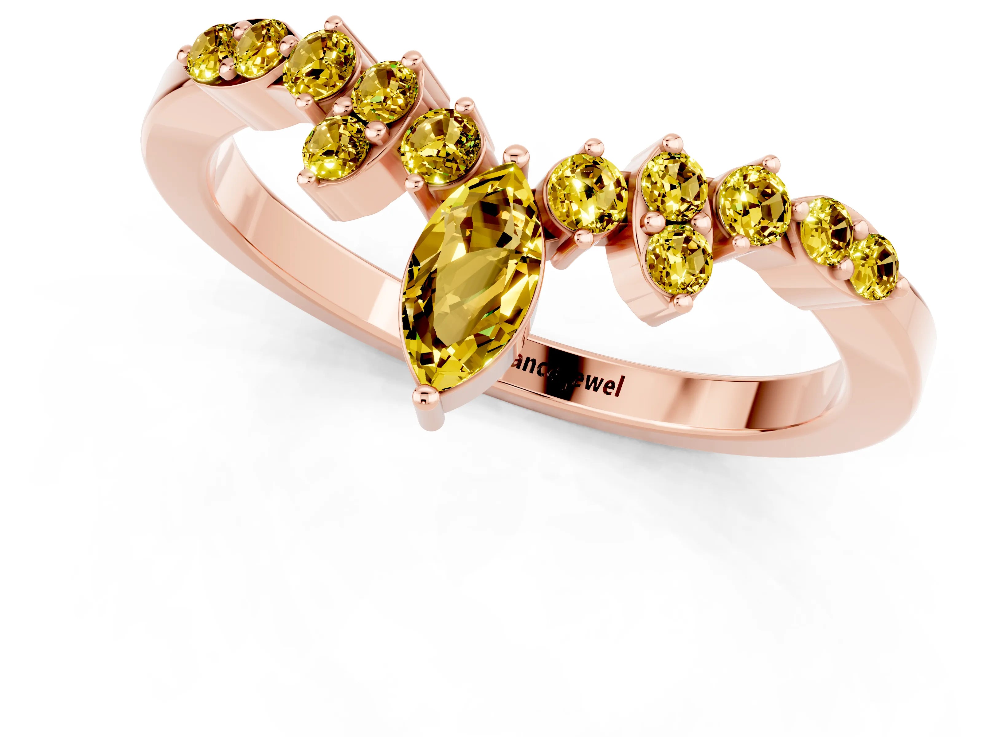 Rose gold Marquise and Round Yellow Sapphire Chevron Band with Prong Setting_19