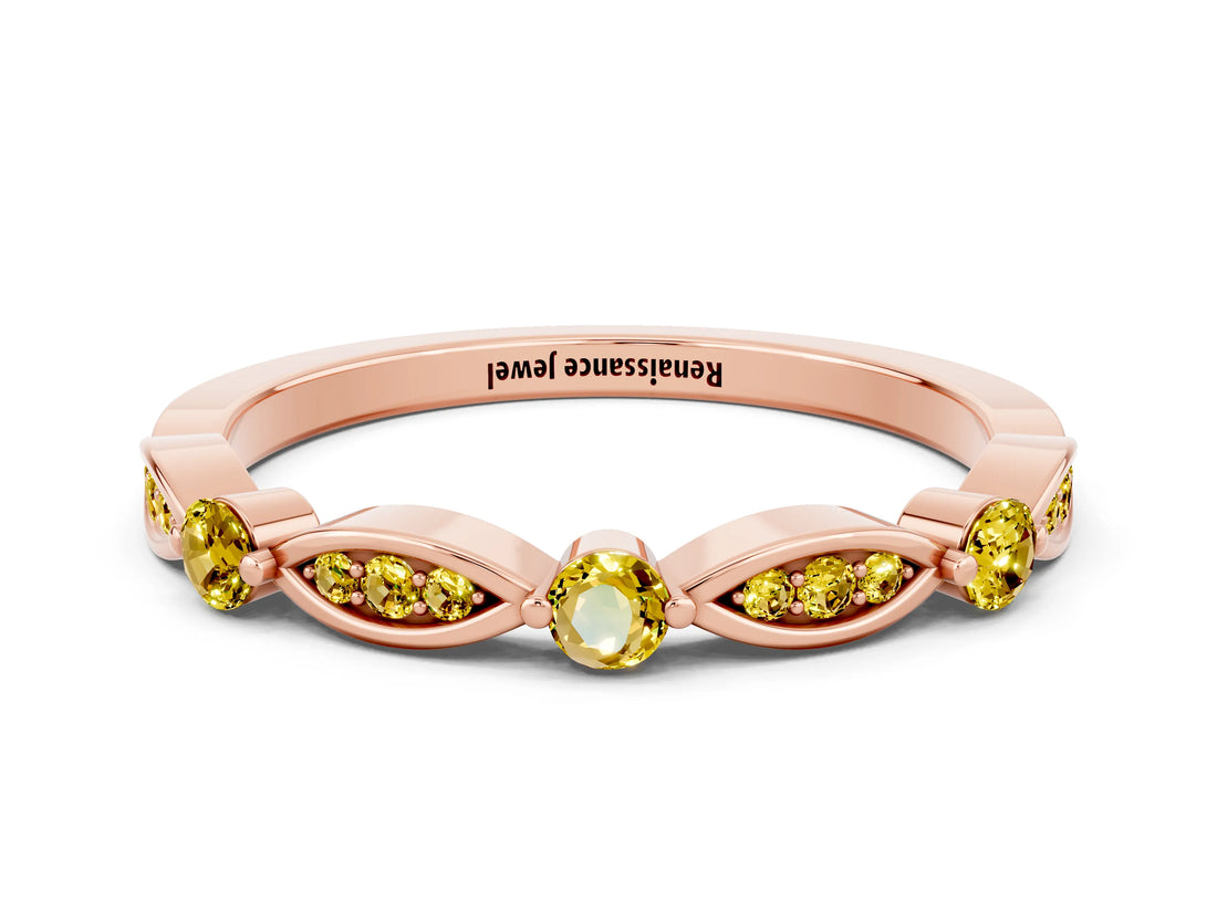 Rose gold Marquise and Round Yellow Sapphire Milgrain Band with Bezel Setting_6