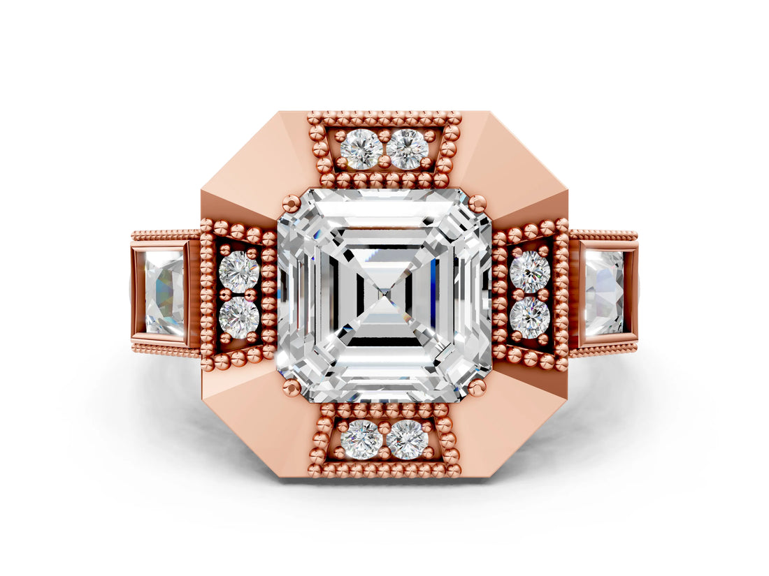 Rose gold Milgrain Asscher Cut Diamond Halo Split Shank Ring_8