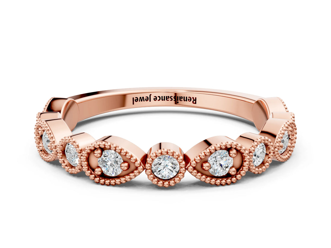 Rose gold Milgrain Bezel Set Pear and Round Diamond Eternity Band_9