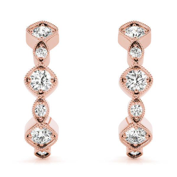Rose gold Milgrain Cushion and Marquise Diamond Hoop Earrings 2