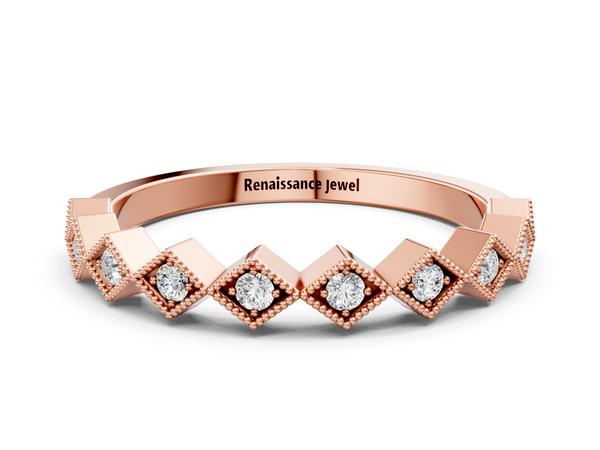 Rose gold Milgrain Diamond Geometric Stackable Band with Round Cut Stones and Bezel Setting