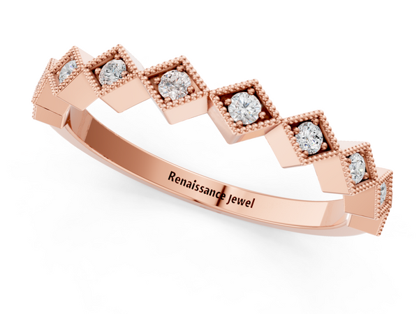 Rose gold Milgrain Diamond Geometric Stackable Band with Round Cut Stones and Bezel Setting