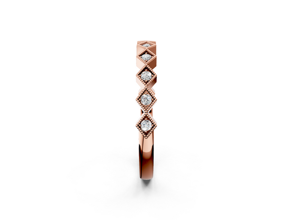 Rose gold Milgrain Diamond Geometric Stackable Band with Round Cut Stones and Bezel Setting