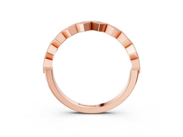 Rose gold Milgrain Diamond Geometric Stackable Band with Round Cut Stones and Bezel Setting