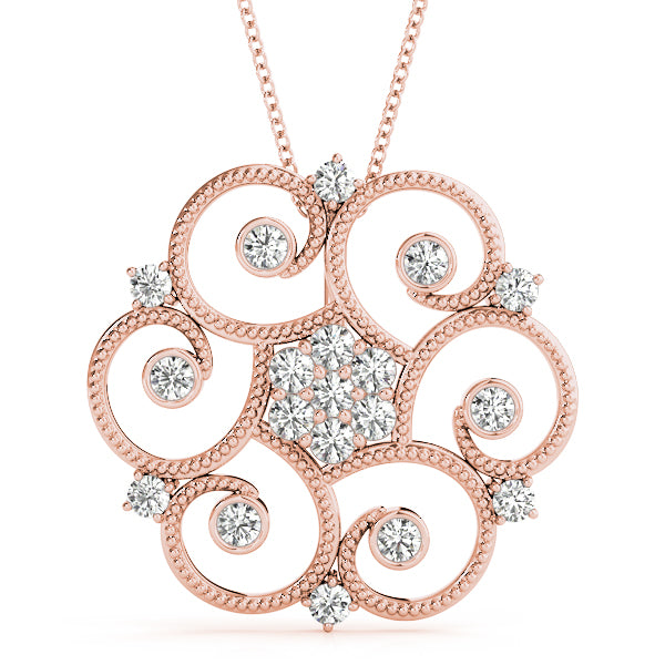 Rose gold Milgrain Diamond Round Swirl Pendant with Prong Setting