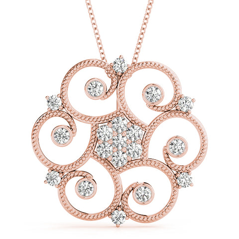Rose gold Milgrain Diamond Round Swirl Pendant with Prong Setting