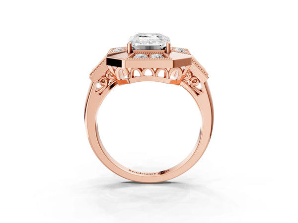 Rose Gold Emerald Cut Vintage Halo Engagement Ring Setting