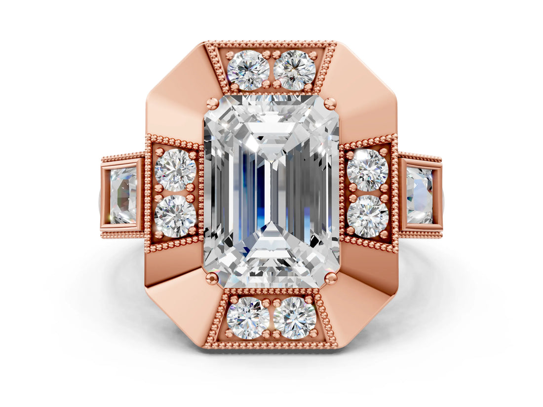 Rose gold Milgrain Emerald Cut Diamond Halo Split Shank Ring_8
