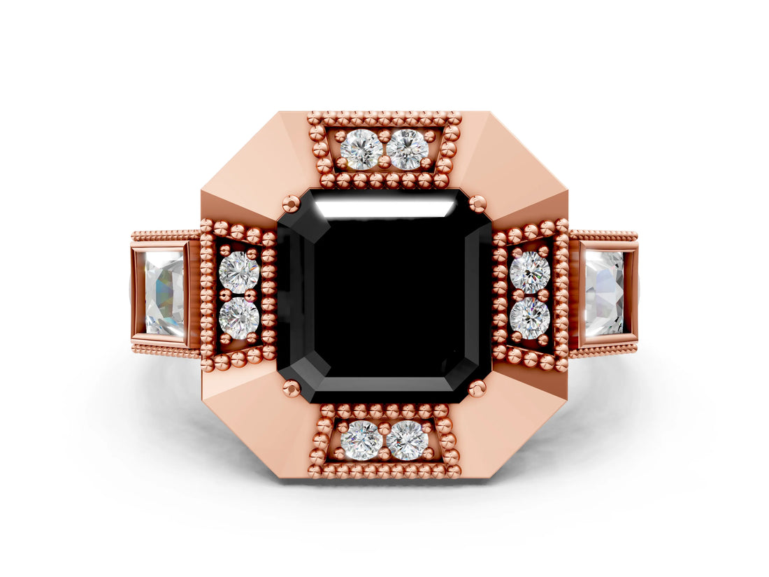 Rose gold Milgrain Fancy Black Asscher Cut Diamond Halo Split Shank Ring