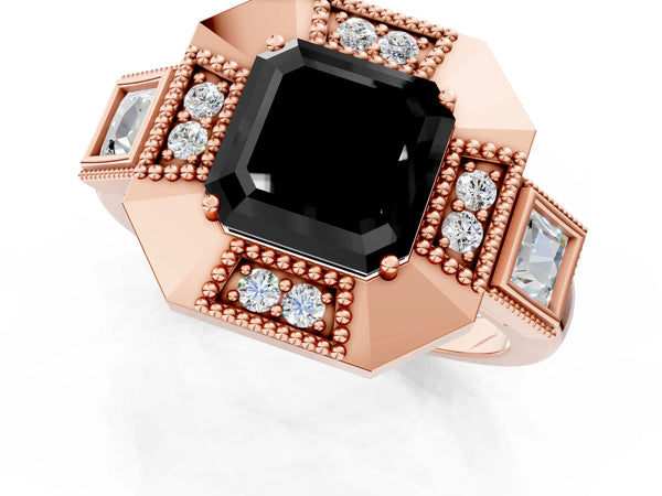 Rose Gold Asscher Cut Vintage Milgrain Halo Engagement Ring Setting for Black Center