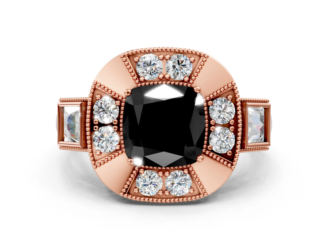 Rose gold Milgrain Fancy Black Cushion Cut Diamond Halo Split Shank Ring_12