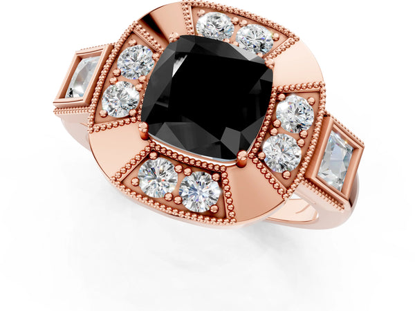 Rose Gold Cushion Cut Vintage Milgrain Halo Engagement Ring Setting for Black Center