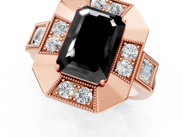 Rose Gold Emerald Cut Vintage Milgrain Halo Engagement Ring Setting for Black Center