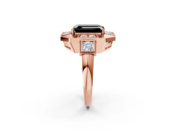 Rose Gold Emerald Cut Vintage Milgrain Halo Engagement Ring Setting for Black Center