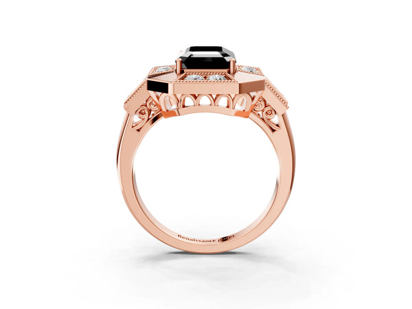 Rose Gold Emerald Cut Vintage Milgrain Halo Engagement Ring Setting for Black Center