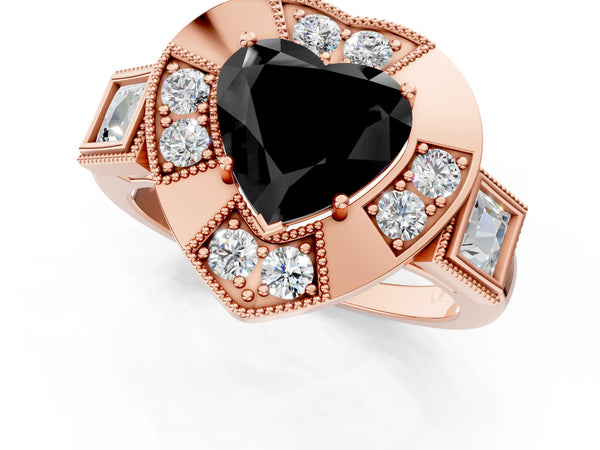 Rose Gold Heart-Shaped Vintage Milgrain Halo Engagement Ring Setting for Black Center