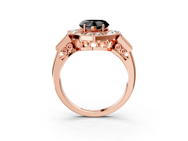 Rose Gold Heart-Shaped Vintage Milgrain Halo Engagement Ring Setting for Black Center