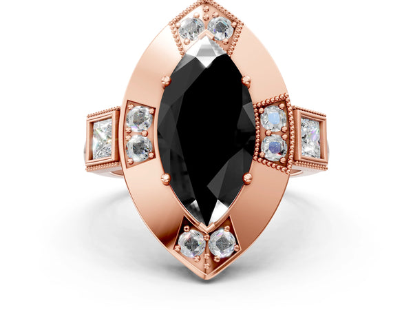 Rose Gold Marquise Vintage Milgrain Halo Engagement Ring Setting for Black Center