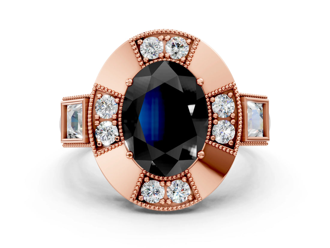 Rose gold Milgrain Fancy Black Oval Cut Diamond Halo Split Shank Ring