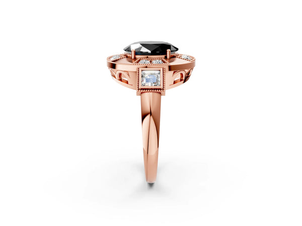 Rose Gold Oval Vintage Milgrain Halo Engagement Ring Setting for Black Center