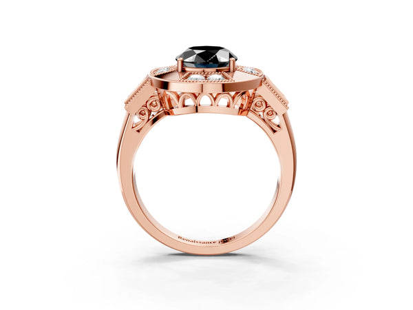 Rose Gold Oval Vintage Milgrain Halo Engagement Ring Setting for Black Center