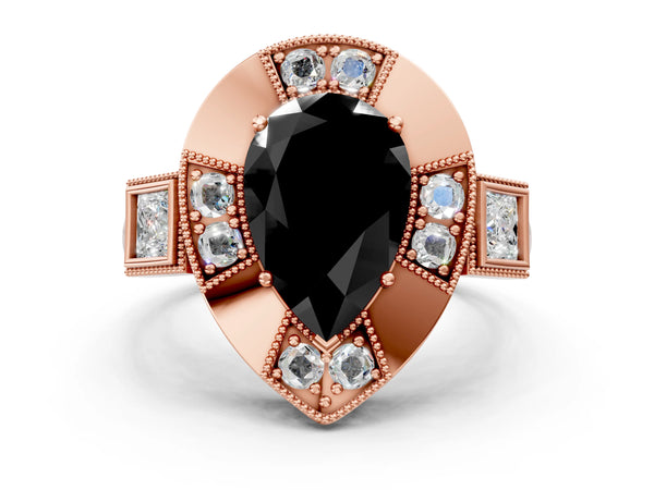 Rose Gold Pear-Shaped Vintage Milgrain Halo Engagement Ring Setting for Black Center