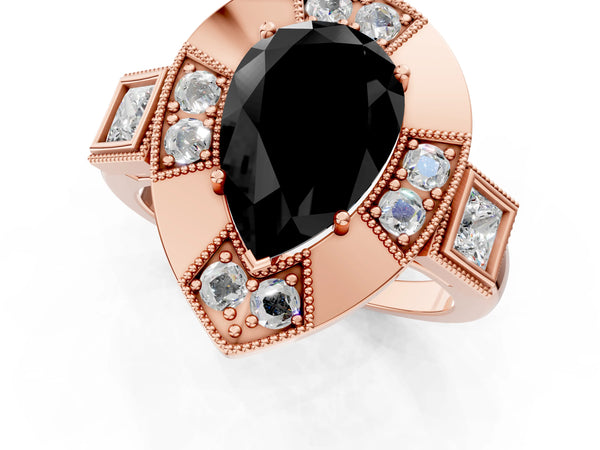 Rose Gold Pear-Shaped Vintage Milgrain Halo Engagement Ring Setting for Black Center