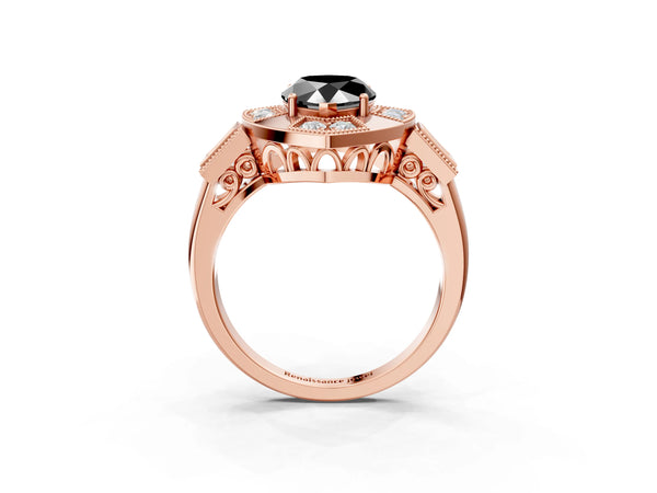 Rose Gold Pear-Shaped Vintage Milgrain Halo Engagement Ring Setting for Black Center