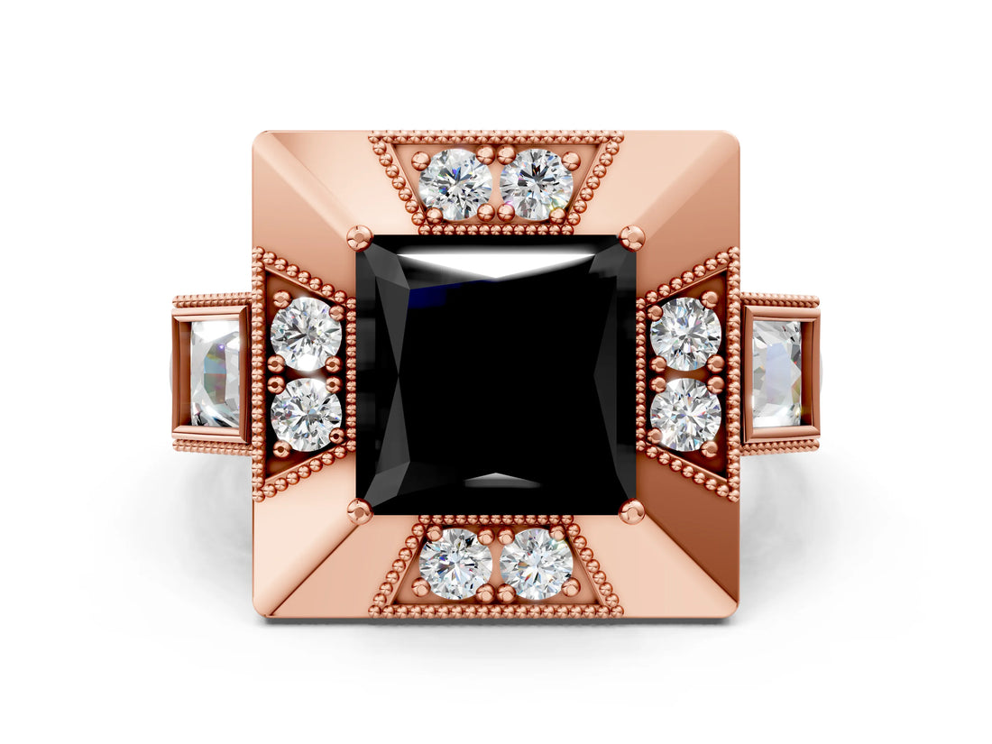 Rose gold Milgrain Fancy Black Princess Cut Diamond Halo Split Shank Ring_6