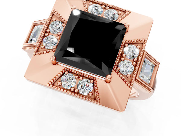Rose Gold Princess Cut Vintage Milgrain Halo Engagement Ring Setting for Black Center