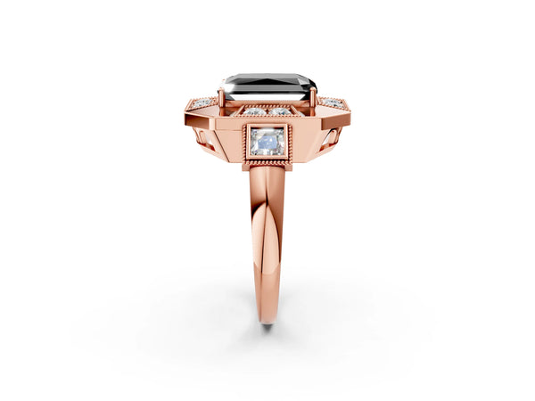 Rose Gold Radiant Cut Vintage Milgrain Halo Engagement Ring Setting for Black Center