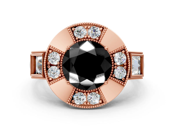 Rose Gold Round Vintage Milgrain Halo Engagement Ring Setting for Black Center