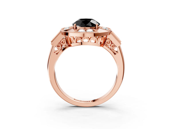 Rose Gold Round Vintage Milgrain Halo Engagement Ring Setting for Black Center