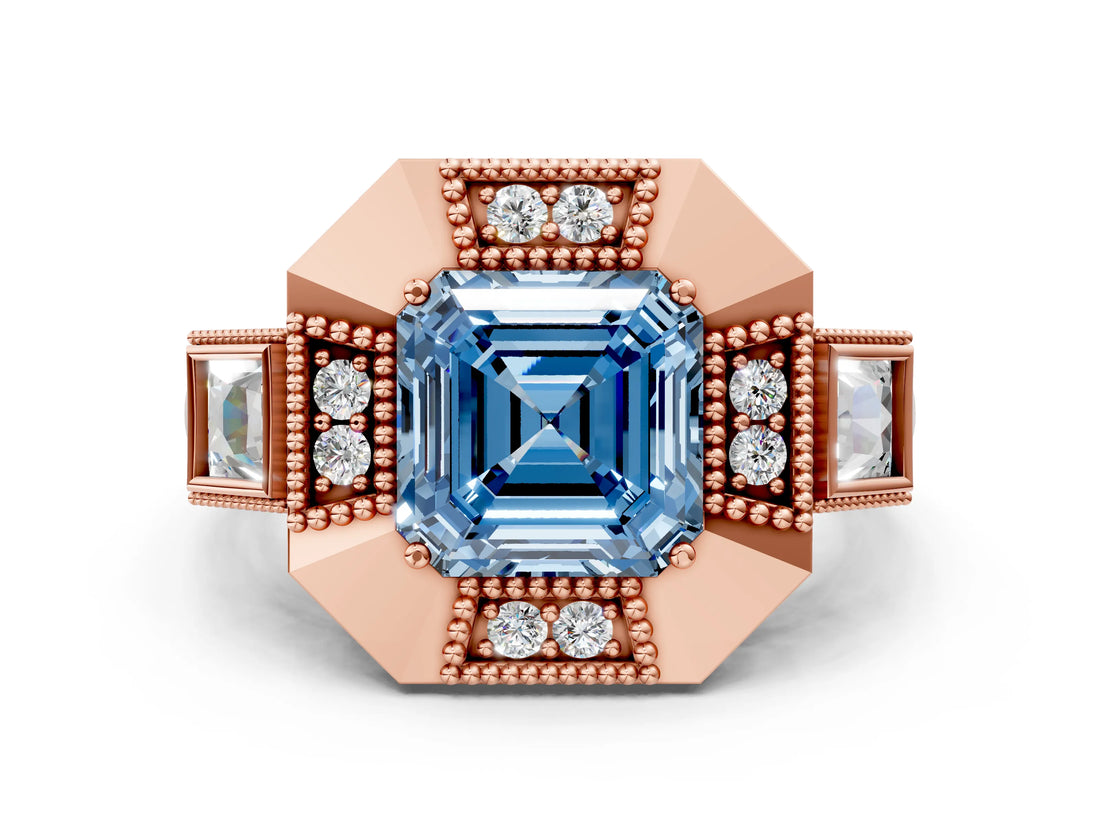 Rose gold Milgrain Fancy Blue Asscher Cut Diamond Halo Split Shank Ring