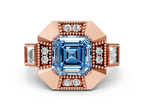 Rose Gold Asscher Cut Vintage Halo Engagement Ring Setting for Fancy Blue Center - Design RJ-711