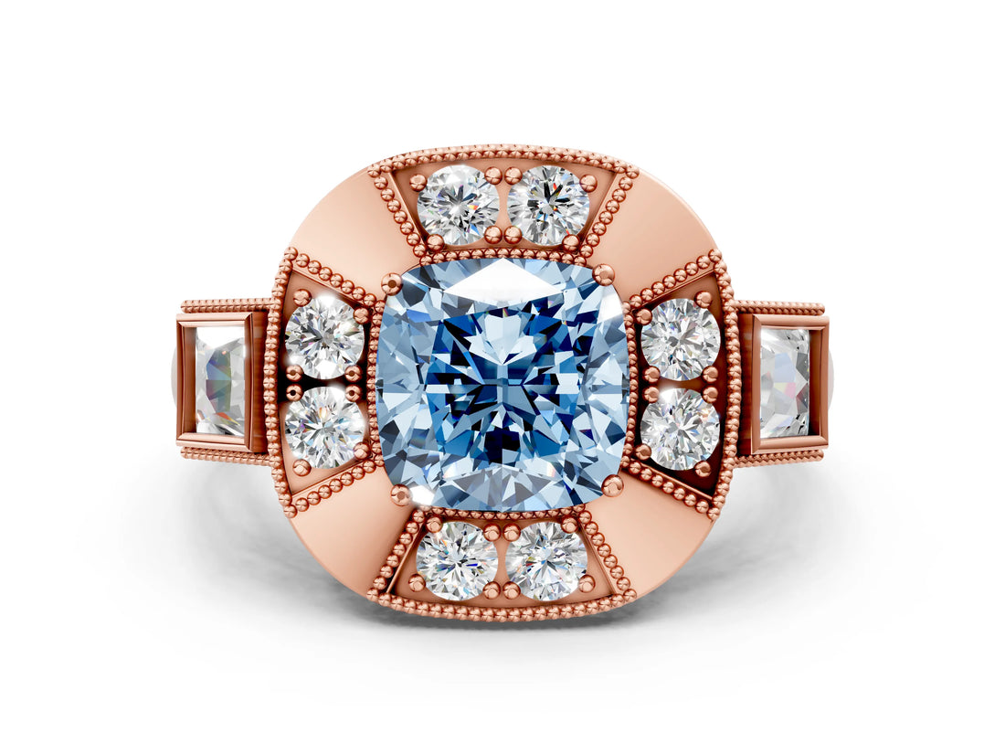 Rose gold Milgrain Fancy Blue Cushion Cut Diamond Halo Split Shank Ring_12