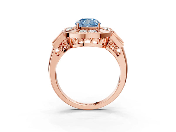 Rose Gold Cushion Cut Vintage Halo Engagement Ring Setting for Fancy Blue Center - Design RJ-711