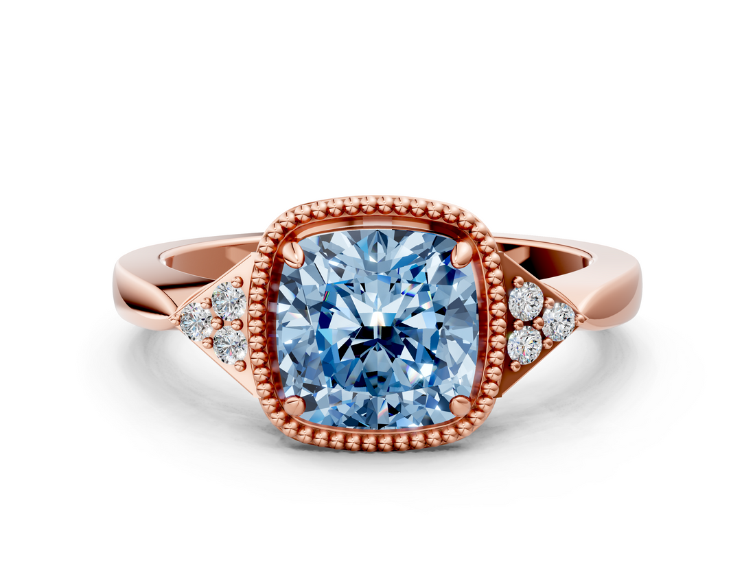 Rose gold Milgrain Fancy Blue Cushion  Cut Diamond Ring with Tapered Pave Band and Four Prong Setting_3