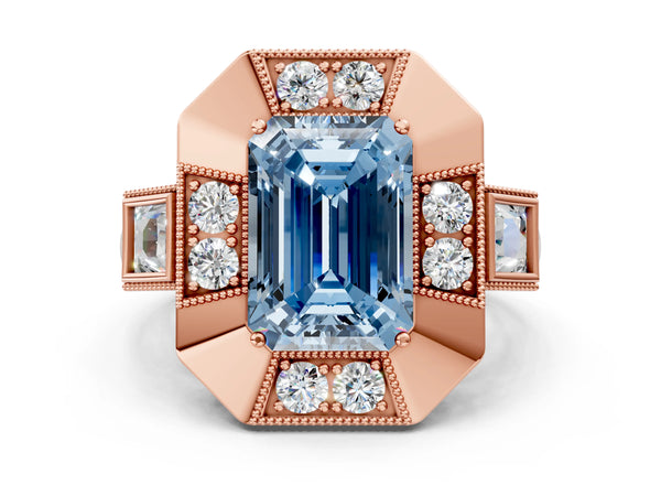 Rose Gold Emerald Cut Vintage Halo Engagement Ring Setting for Fancy Blue Center - Design RJ-711