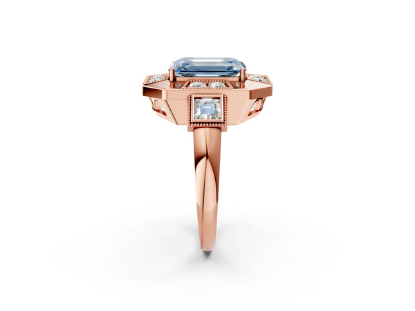 Rose Gold Emerald Cut Vintage Halo Engagement Ring Setting for Fancy Blue Center - Design RJ-711