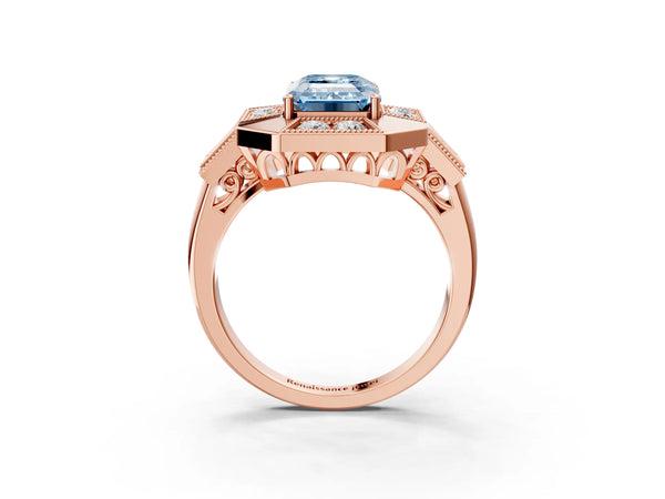 Rose Gold Emerald Cut Vintage Halo Engagement Ring Setting for Fancy Blue Center - Design RJ-711