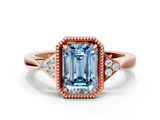 Rose gold Milgrain Fancy Blue Emerald  Cut Diamond Ring with Tapered Pave Band and Four Prong Setting_3