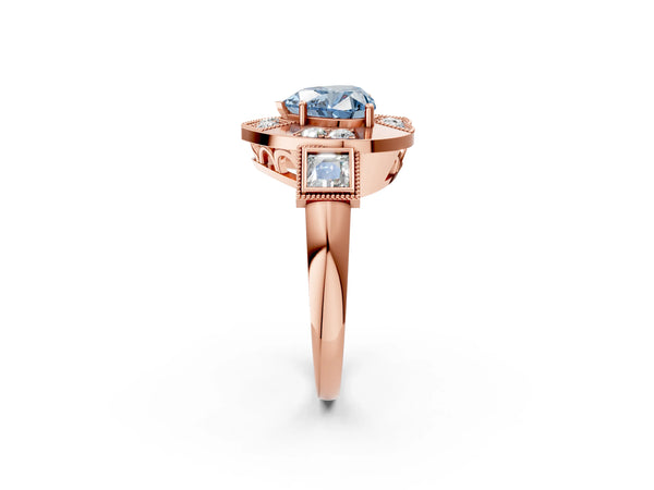 Rose Gold Heart-Shaped Vintage Halo Engagement Ring Setting for Fancy Blue Center - Design RJ-711