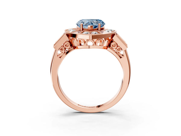 Rose Gold Heart-Shaped Vintage Halo Engagement Ring Setting for Fancy Blue Center - Design RJ-711