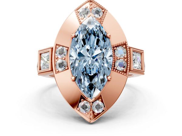 Rose gold Milgrain Fancy Blue Marquise Cut Diamond Halo Split Shank Ring