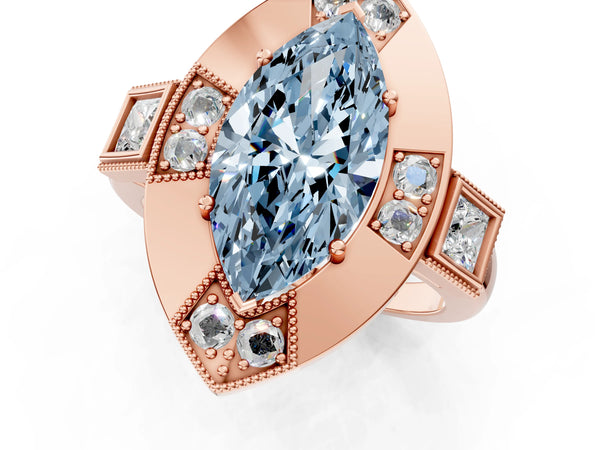 Rose gold Milgrain Fancy Blue Marquise Cut Diamond Halo Split Shank Ring