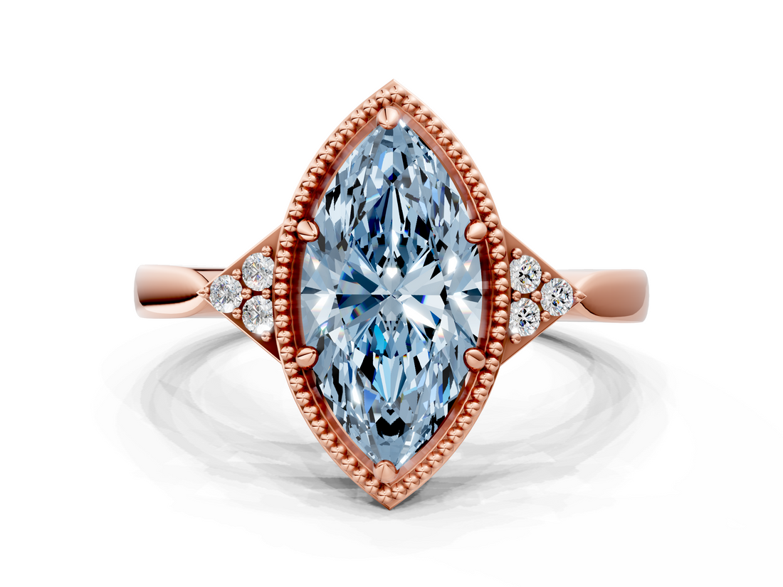 Rose gold Milgrain Fancy Blue Marquise  Cut Diamond Ring with Tapered Pave Band and Four Prong Setting_3