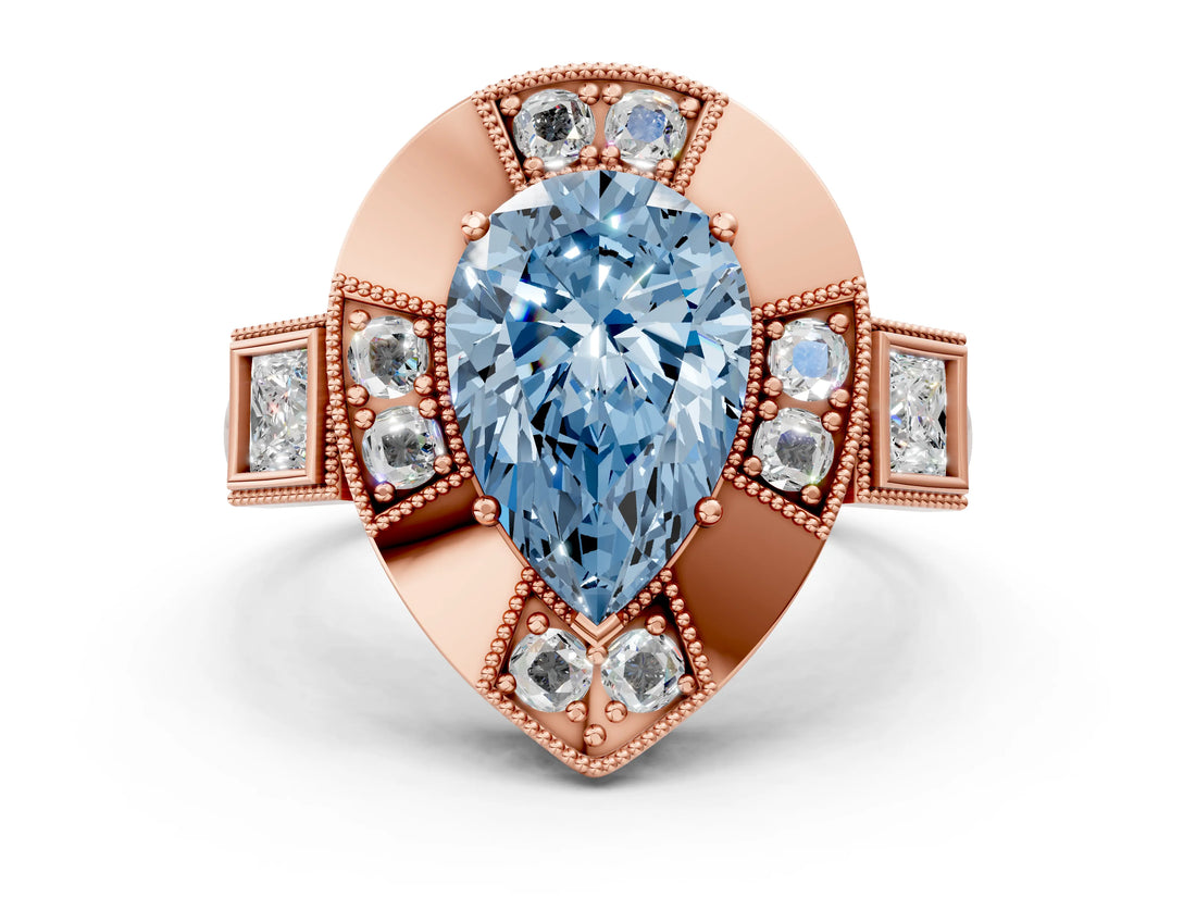 Rose gold Milgrain Fancy Blue Pear Cut Diamond Halo Split Shank Ring_6