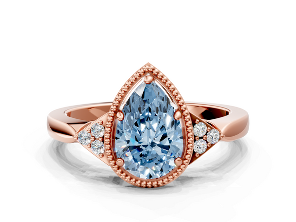 Rose gold Milgrain Fancy Blue Pear  Cut Diamond Ring with Tapered Pave Band and Four Prong Setting